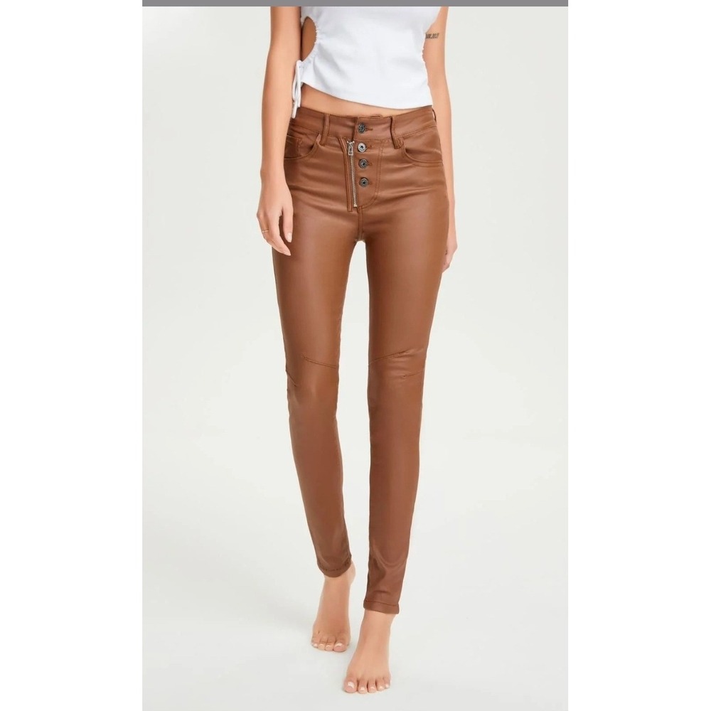 Melly & Co Faux Leather Button High Waist Stretchy Skinny Pants Brown Large NWT